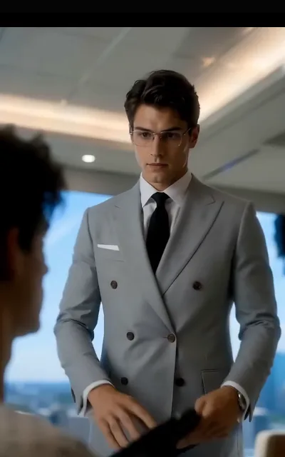 The office threshold — a man in a tailored suit with metal-rimmed glasses holding a folder at a bright office interior (ep1; atmosphere beat — the campaign side at work)