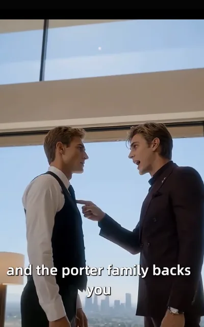 The same-roof face-off — the two men across one frame in a warm-lit hall, an unspoken arrangement between them, the caption “and the porter family backs you” beneath (ep2; subtitles as aired — hero frame, contract-stakes beat)