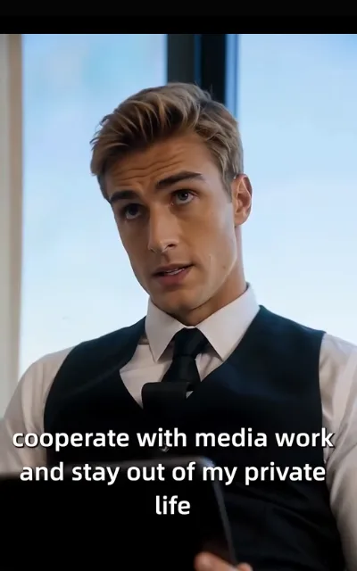 The terms — a golden-brown-haired man at a dark counter laying down conditions, the caption “cooperate with media work and stay out of my private life” beneath (ep2; subtitles as aired)