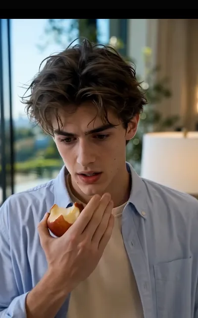 The quiet middle — a young man with tousled dark-brown curls eating an apple on a couch, home light warm (ep2; atmosphere beat — avatar source frame, avatar_barry crop (0,40,300,640))