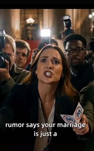 The press scrum — reporters with recorders crowding a walkway, a fragmentary caption “rumor says your marriage is just a” beneath (ep3; subtitles as aired; no completion supplied — on-air truncation kept as broadcast)