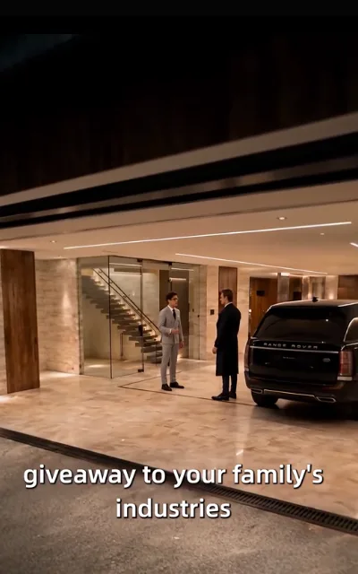 The arrival — a black luxury SUV nosing into a covered drop-off, staff at the doors, the caption “giveaway to your family's industries” beneath (ep4; brand-pattern kept as aired — a luxury SUV in frame, pattern as broadcast, no brand name)
