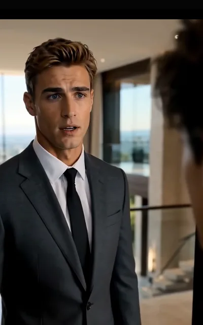 The stunned beat — a golden-brown-haired man caught mid-reaction, brows up, an office corridor behind (ep4; atmosphere beat)