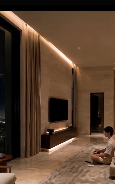 The night in — a young man with dark-brown curls on a couch in a lit living room at night, controller in hand, city glow through the glass (ep4; atmosphere beat — domestic beat, non-sexualized presentation per redline)