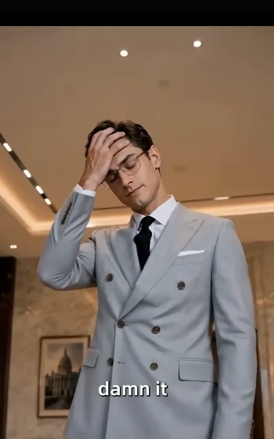 The pressed palm — a man with metal-rimmed glasses pushing a hand across his brow at a hallway mirror, the caption “damn it” beneath (ep5; subtitles as aired; profanity caption as aired, not amplified)