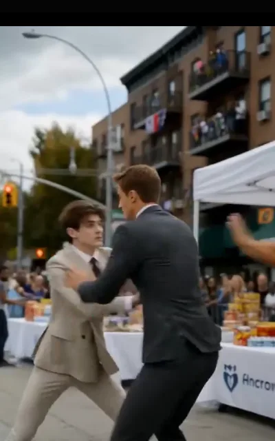 The confrontation — two men chest to chest at a street event, hands pressed between them, a campaign banner with a fictional name strung overhead (ep6; brand-pattern kept as aired — banner text is a fictional candidate name, no real brand; violence-context frame as aired, not amplified — a pull-apart standoff, no blows on screen)