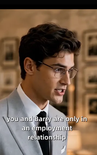 The profile — a man with metal-rimmed glasses in a dark suit seen side-on, event light behind, the caption “you and Barry are only in an employment relationship” beneath (ep6; subtitles as aired — Barry subtitle-evidence frame)