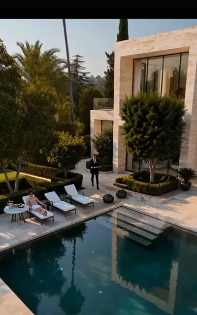 The pool court — an empty courtyard pool at dusk, still water and patio chairs (ep7; atmosphere beat — establishing frame)