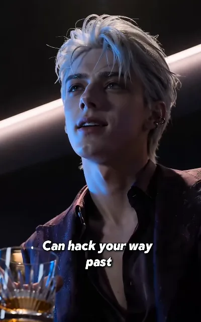 "Can hack your way past" — the silver-haired man with the ear stud and the whiskey glass, a bar-room line exchanged in the low light; he stays unnamed (ep1, subtitles as aired)