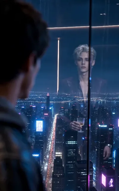 The emperor and his city — Ryo's reflection layered over the night skyline in the tower glass: the closest thing the show has to a crown portrait (ep1)
