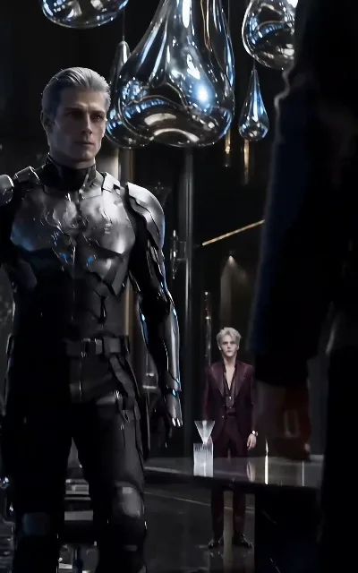First contact, armored — Ryo in the silver-black suit facing down a man in a wine-red suit across the penthouse; the wine-red man stays unnamed (ep1)