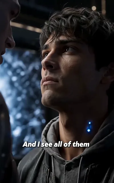 "And I see all of them" — Elliot close up, the glowing blue implant at his neck: the street surgeon who reads the whole city whether it wants to be read or not (ep1, subtitles as aired)