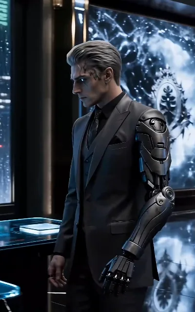 The emperor in profile — formal wear, a mechanical arm at his side, the weight of half a city on one man's shoulders (ep2)