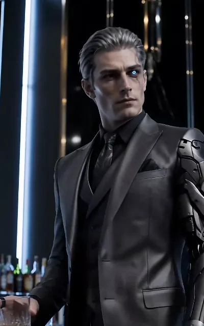 The cybernetic eye — a close-up of Ryo at the bar, the implant's circuitry doing the looking (ep2)