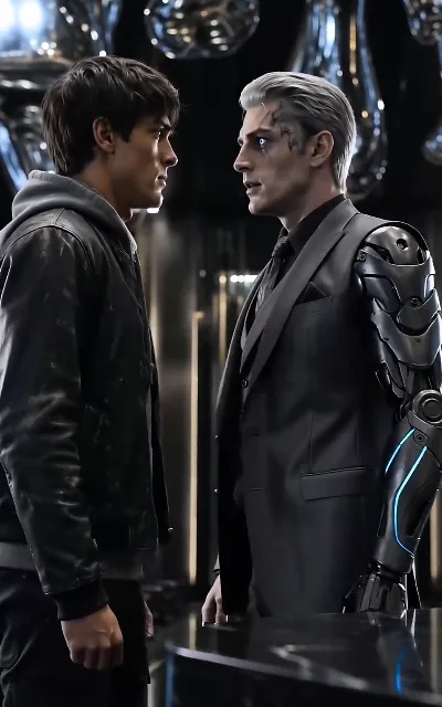 The core standoff — Elliot in his jacket, wary, versus Ryo and the energy-lit prosthetics: the show's two leads taking each other's measure (ep2)