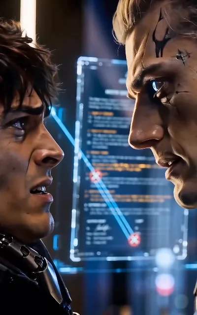 The confrontation — a cold smirk against open anger, a red X on the holographic display behind them: the penthouse scene the reviews single out (ep3)