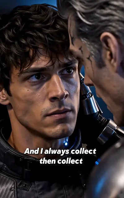"And I always collect then collect" — foreheads nearly touching, a mechanical component at the collar: Ryo's deal philosophy delivered at point-blank range, the line the whole show runs on (ep3, subtitles as aired)