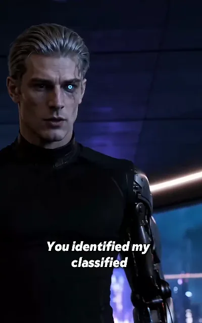 "You identified my classified" — Ryo face on, the cybernetic eye and its circuitry in full detail: the emperor realizing exactly who he has hired (ep4, subtitles as aired)