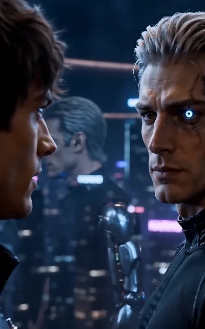 Close quarters — Elliot and Ryo within arm's reach, a third figure lost in the depth of field behind them: the conversation that stopped being about the contract (ep4)