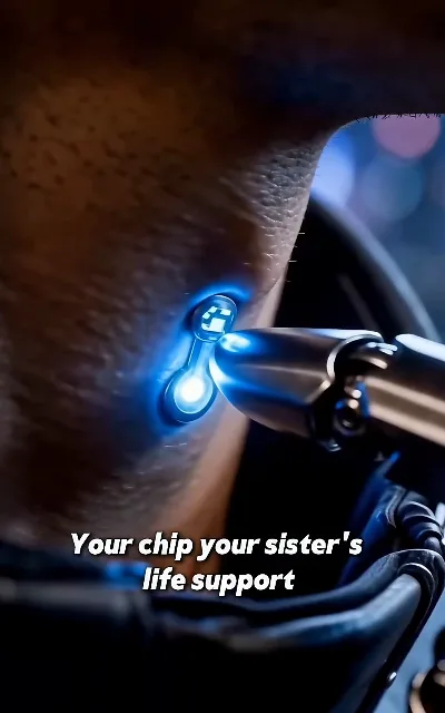 "Your chip your sister's life support" — the reveal in close-up: the chip, the device, and the terms of the deal wired into flesh (ep4, subtitles as aired; as-aired wording, coercion context)