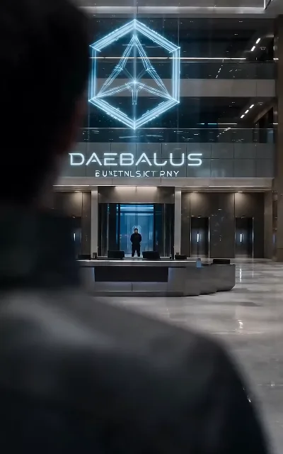 The empire on display — the corporate lobby's holographic DAEBALUS logo over a black-clad figure: the world that five families answer to (ep5)