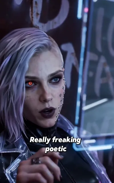"Really freaking poetic" — the woman with the red cyber-eye and cheek studs under the neon tubes, deadpan at the street's expense; she stays unnamed (ep5, subtitles as aired)