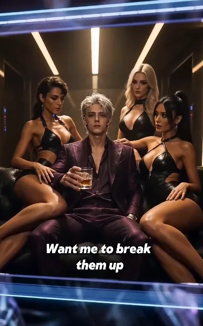 "Want me to break them up" — the emperor at his most casual: Ryo in a dark plum suit at the center of a corporate-excess power display, three companions in glossy black around him — atmosphere and status, not a romance beat (ep5, subtitles as aired; power-display framing per the sourcing ledger)