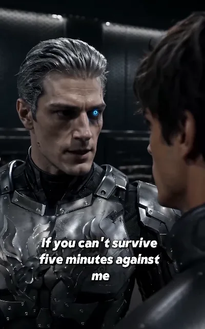 "If you can't survive five minutes against me" — Ryo in the silver-black armor, laying down the trial's terms: the emperor's idea of an audition (ep6, subtitles as aired; as-aired wording, contest context)