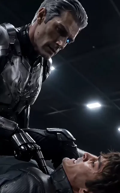 The trial — Ryo's mechanical hand holding Elliot down in the armor room: a contest of nerve, the physical language of a man testing the one he hired (ep6; conflict frame, contest framing per the sourcing ledger — restraint as aired)