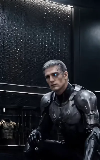 The arsenal — Ryo's dark-silver armor standing full height among the equipment displays: the throne room of a very literal machine emperor (ep6)