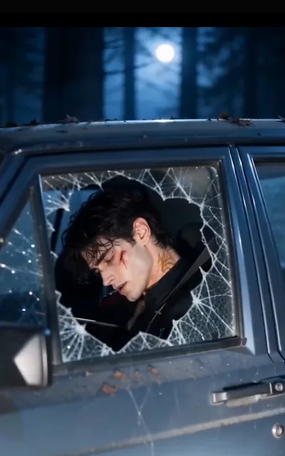 The roadside aftermath — a dark-blue sedan under a full moon between black trunks, the windshield spider-webbed with cracks, the dark-curly young man belted in the driver seat with a fresh cut at the brow, a thin red streak tracking down his cheek, a gold thorn-mark at the side of his neck (ep1; violence-context frame as aired, not amplified — aftermath imagery only, nothing staged in progress)