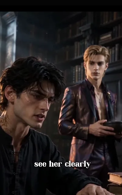 The old library — the dark-curly young man in a black mandarin collar, books stacked before him, gaze lowered; behind him the light-gold man in a shimmering dark-violet suit holding a steaming bowl, watching him — “see her clearly” (ep1; subtitles as aired)