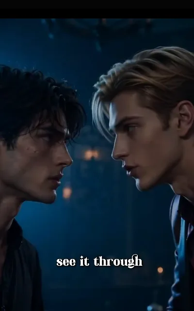 The standoff — two men nearly touching, the dark-curly one damp at the temple and staring sideways, the gold-brown one sharp-featured and staring right back — “see it through” (ep1; subtitles as aired)