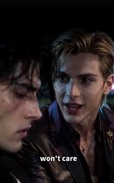 The night concern — the dark-curly man bruised and spent at the edge of frame; the gold-brown man in an iridescent violet suit, lapel chain and gem necklace, leaning in mid-word with unmistakable worry — “won't care” (ep2; subtitles as aired; TRUNCATED line as aired, no completion supplied)