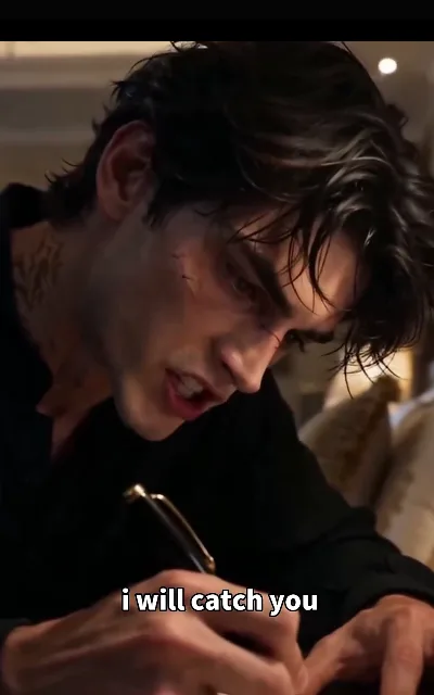 The vow — wet dark curls over fresh scrapes, a dark totem mark at the neck, teeth bared in a low, obsessive promise while a gold-pen fountain nib hovers below frame — “i will catch you” (ep2; QUOTE TOP, subtitles as aired; obsessive-pursuit thesis line)