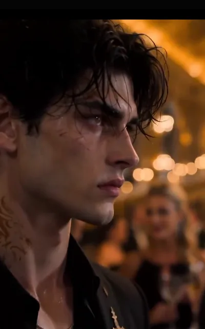 The gala aftermath — the dark-curly young man in profile, skin sheened, fresh scrapes across the cheek, dark-gold totem at the neck, black shirt loose at the collar while gala bokeh and blurred guests burn warm behind him (ep3; violence-context frame as aired, not amplified — post-conflict wear, nothing staged in progress)