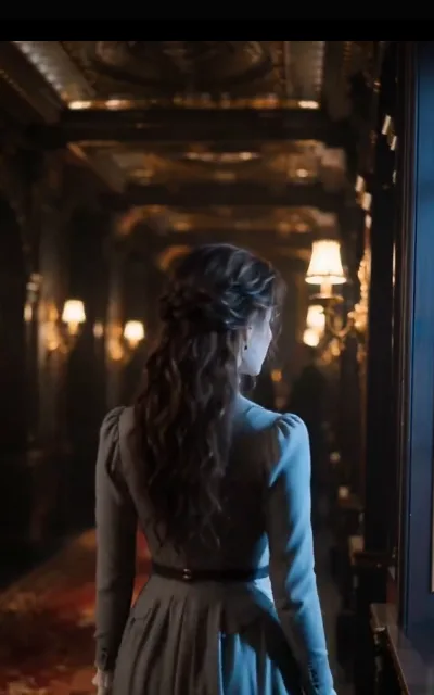 The corridor — she stands in profile against the tall window, long dark-brown curls pinned half-up, vintage gray dress with puffed sleeves, cold blue daylight on one side and sconce-warm gold on the other running down the paneled gallery (ep4; atmosphere beat; REPLACEMENT slot for the dropped borrowed-image ep4 batch)