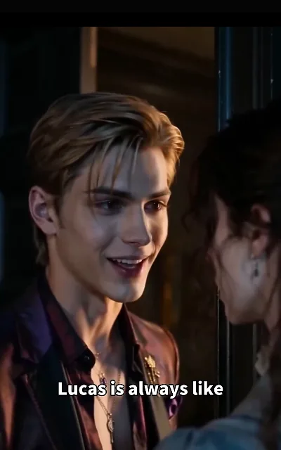 Lucas at ease — the man in the wine-dark shimmering suit, soft smile playing as he teases across the table, layered gold pendants at his open collar, a curly-haired woman half in frame facing him — “Lucas is always like” (ep5; subtitles as aired; TRUNCATED line as aired, no completion supplied; in-frame name anchor)