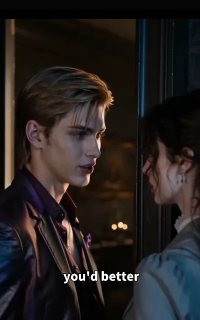 The doorway — Lucas in a dark-purple shirt and glossy black jacket pressing the moment, Cathy with dark curls loose at her cheek, a delicate scalloped trim at her collar, backed to the doorframe, chin up to meet him — “you'd better” (ep5; HERO SOURCE; subtitles as aired; TRUNCATED warning line as aired, no completion supplied)
