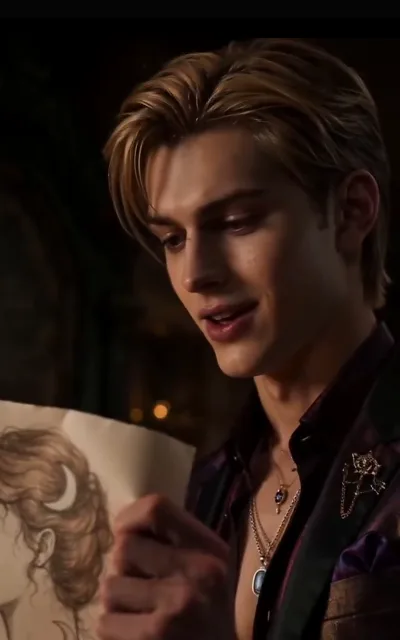 Lucas with the sketch — head bent over the paper in his hands, a faint smile at the lips, wine-dark shirt open at the throat, rose brooch chained at the lapel; on the page, a curly-haired profile and a crescent moon (ep5; source of avatar_lucas, single-base anchor; zero-subtitle portrait)