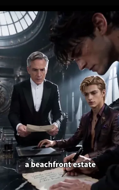 The signing — a black marble table under a glass dome skylight; a silver-haired steward presenting a letter, a cold-eyed blond young man seated in wine-dark shimmer, and at the head of the table a dark-curly man bent over the paper with a fountain pen — “a beachfront estate” (ep6; subtitles as aired; estate-asset transaction scene)