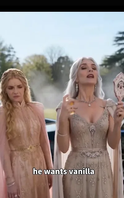 The perfume ritual — a silver-haired grande dame in champagne sequins tilting her head back to mist herself, jeweled mirror in the other hand, while a gold-curled young woman beside her pulls a face of pure exasperation — “he wants vanilla” (ep6; meme form as aired, not amplified; station meme caption in frame, NOT a quote card)