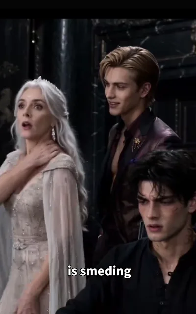 The royal shock — a silver-queen in a small tiara, hand flying to her throat, eyes round; behind her the man in the wine-dark suit smiling in amusement; in the foreground corner the dark-curly man bruised at the cheek, taut and wary — “is smeding” (ep6; violence-context frame as aired, not amplified — aftermath marks only; station caption as aired — the garbled text is the station's own machine-garbled line, kept uncorrected, NOT a quote card)