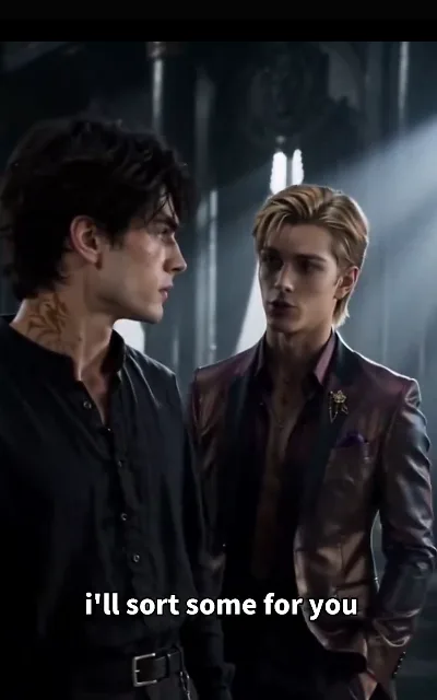 The arrangement — the dark-curly man in a matte black shirt listening sideways, throat totem at the collar; the gold-brown man in a wine-red suit, brooch and pocket square immaculate, hand in pocket as he makes the offer — “i'll sort some for you” (ep7; subtitles as aired)