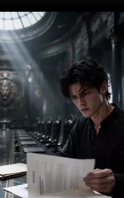 The hall of the lion crest — a scarred young man in black over a long glossy table strewn with papers, high-backed chairs ranked down both sides, a metal lion-head crest on the far wall as dome light falls through (ep7; violence-context frame as aired, not amplified — old scar at the cheekbone only)