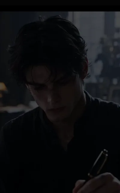 The late study — head bowed over a black-and-gold fountain pen, wet curls in the eyes, most of the face in shadow, only a desk lamp's worth of warmth in the blur behind (ep7; atmosphere beat)