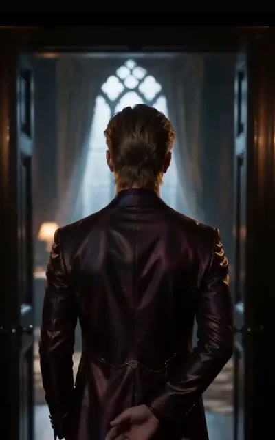 The threshold — a straight-backed figure in a deep-violet gown-coat with a lustrous sheen, hands clasped behind, light-gold crop catching the rim glow, facing a gothic pointed window through drifting haze, one small lamp burning warm at the far left (ep8; atmosphere beat)