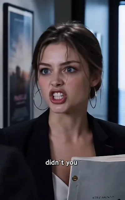 Becca, mid-confrontation — eyes wide, volume up, demanding answers in the black suit (ep2)