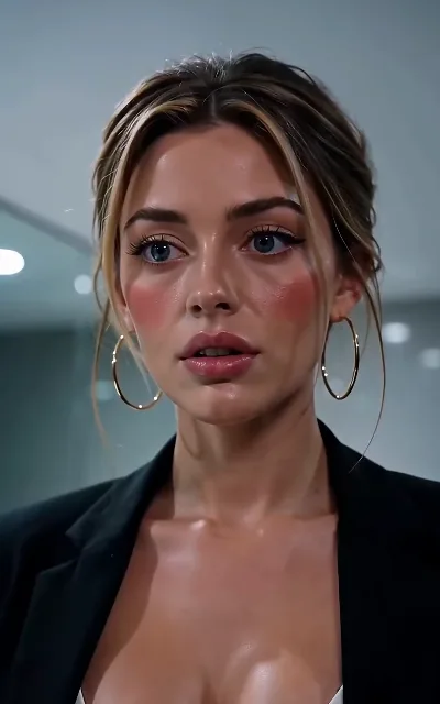 The close-up the character card is built from — Becca Hale, gold hoops and light-gold highlights, camera-ready (ep3)