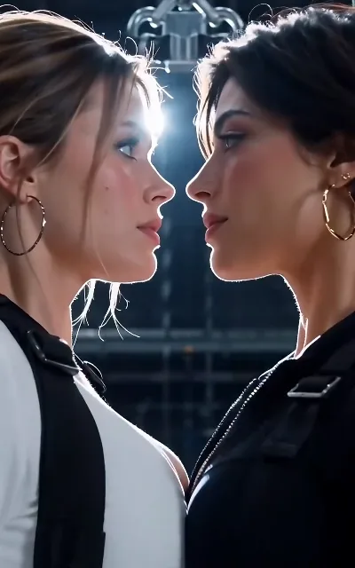 Backlit face-off — Becca and Cassia nearly touching under a single hard light, the poster frame (ep5)
